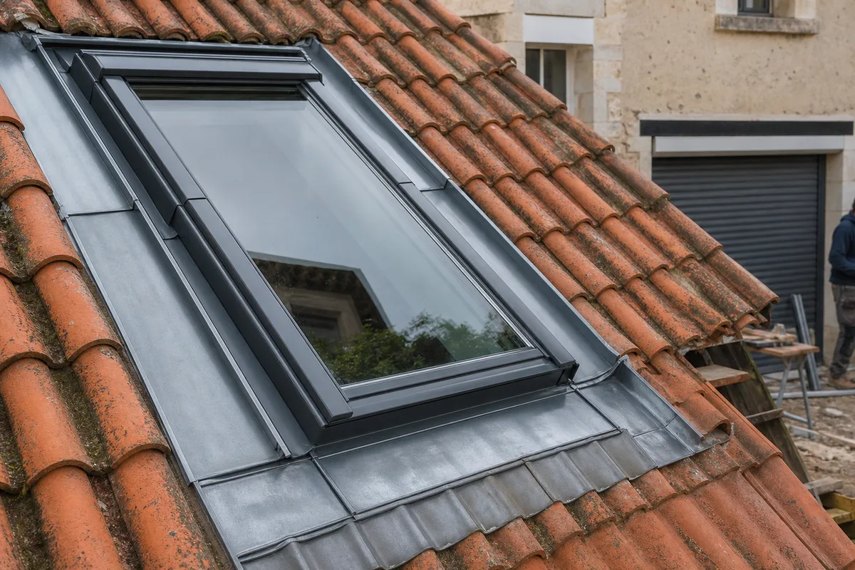 Raccord d’étanchéité métallique ceinturant une fenêtre de toit posée sur une couverture en tuiles