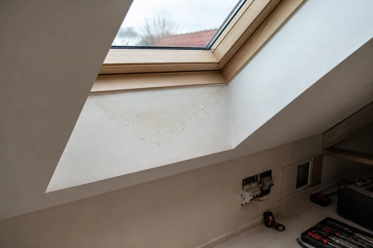 Traces d’humidité et auréole sur l’habillage intérieur sous une fenêtre de toit, dans une pièce sous combles